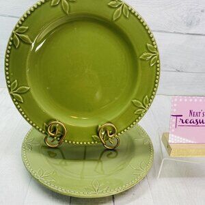 Signature SORRENTO OREGANO GREEN Embossed Leaves Stoneware Dinner Plates Set 2